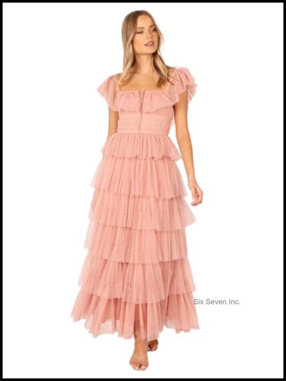 Flowy Maxi Dress Square Neck Ruffle Tulle Party Cocktail Dress